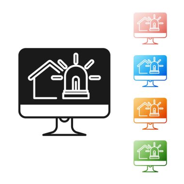 Akıllı ev ve beyaz arka planda izole alarm simgesi ile Siyah Bilgisayar monitörü. Akıllı evin güvenlik sistemi. Simgeleri renkli ayarlayın. Vektör İllüstrasyonu