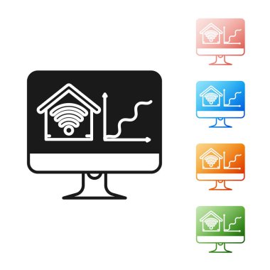 Beyaz arka plan üzerinde izole wi-fi simgesi ile akıllı ev ile Siyah Bilgisayar monitörü. Uzaktan kumanda. Simgeleri renkli ayarlayın. Vektör İllüstrasyonu