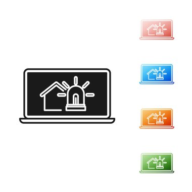 Akıllı ev ve beyaz arka plan üzerinde izole alarm simgesi ile Siyah Laptop. Akıllı evin güvenlik sistemi. Simgeleri renkli ayarlayın. Vektör İllüstrasyonu