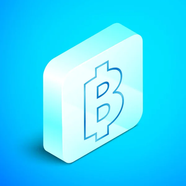 Isometrisk linje kryptovaluta Coin Bitcoin ikon isolerad på blå bakgrund. Fysisk bit mynt. Blockchain-baserad säker krypto valuta. Silver fyrkantig knapp. Vektor illustration — Stock vektor