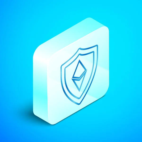 Ikona linii izometrycznej Tarcza Ethereum ETH wyizolowana na niebieskim tle. Wydobycie kryptowalut, technologia Blockchain, bezpieczeństwo, ochrona, cyfrowe pieniądze. Srebrny kwadrat przycisk. Ilustracja wektorowa — Wektor stockowy