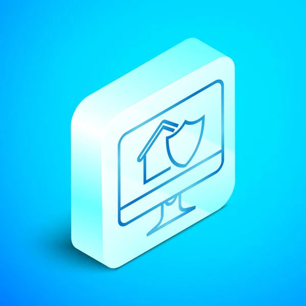Isometric line Computer monitor with house under protection icon isolated on blue background. Protection, safety, security, protect, defense concept. Silver square button. Vector Illustration — Stock Vector