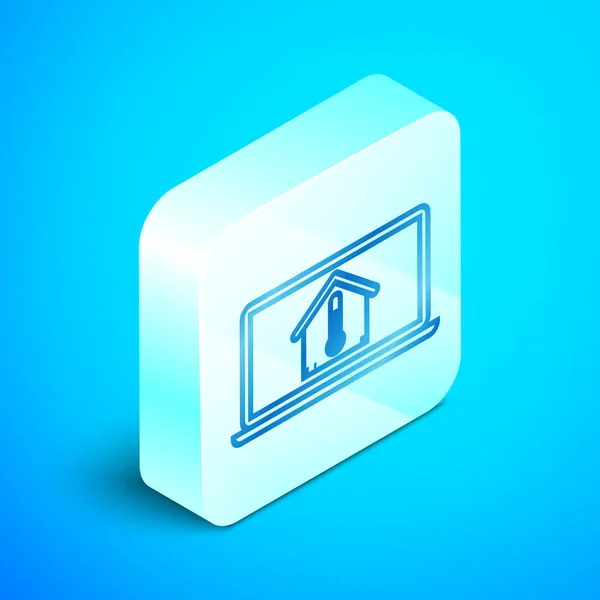 Isometric line Laptop with house temperature icon isolated on blue background. Thermometer icon. Silver square button. Vector Illustration — Stock Vector