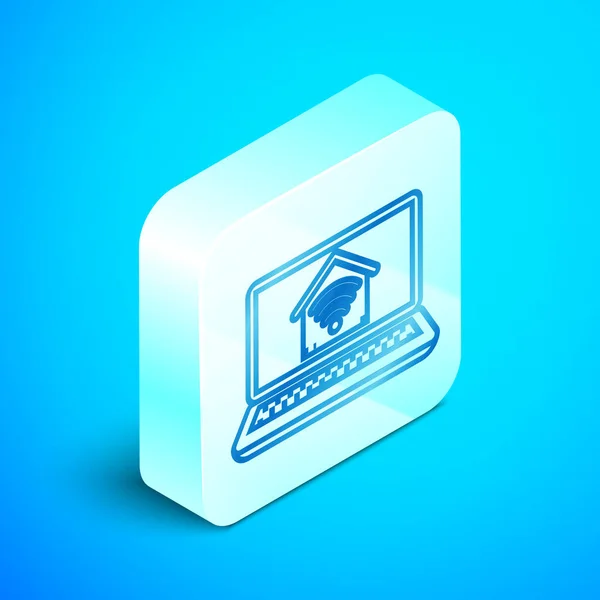 Isometric line Laptop with smart home with wi-fi icon isolated on blue background. Remote control. Silver square button. Vector Illustration — Stock Vector