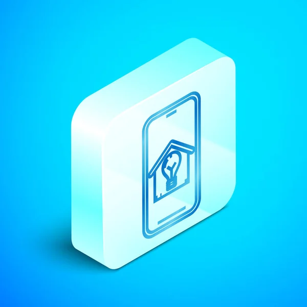 Isometric line Mobile phone with smart house and light bulb icon isolated on blue background. Silver square button. Vector Illustration — Stock Vector