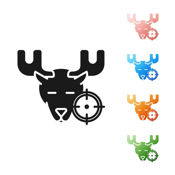 黑色狩猎驼鹿与十字线图标隔离在白色背景。狩猎俱乐部标志与驼鹿和目标。瞄准驼鹿的步枪镜头。设置图标丰富多彩。矢量插图 — 图库矢量图片