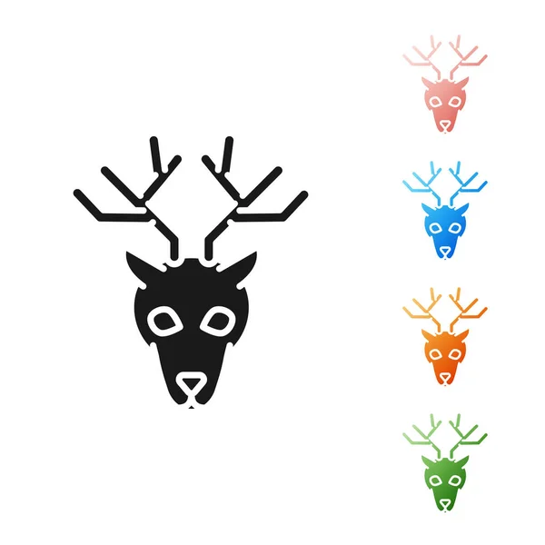 Testa di cervo nero con icona corna isolata su sfondo bianco. Set icone colorate. Illustrazione vettoriale — Vettoriale Stock