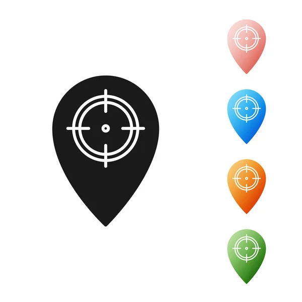 Ikona černého Huntu, izolovaná na bílém pozadí. Navigace, ukazatel, umístění, mapa, GPS, směr, místo, kompas, kontakt, hledání. Nastavit barevné ikony. Vektorová ilustrace — Stockový vektor