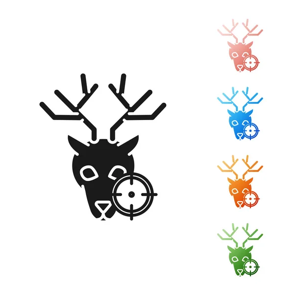 Black Hunt sur cerf avec icône de réticule isolé sur fond blanc. Logo du club de chasse avec cerf et cible. Objectif fusil visant un cerf. Définir des icônes colorées. Illustration vectorielle — Image vectorielle