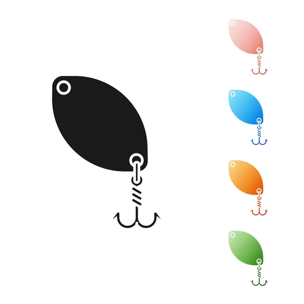 Ícone de colher de pesca preto isolado no fundo branco. Iscas de pesca em forma de peixe. Equipamento de pesca. Definir ícones coloridos. Ilustração vetorial — Vetor de Stock