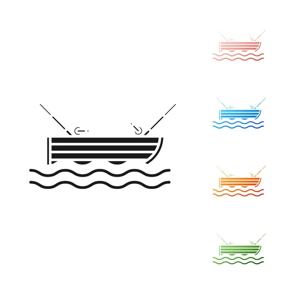 Black Fishing boat with fishing rod on water icon isolated on white background. Set icons colorful. Vector Illustration