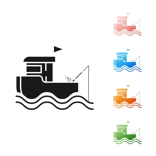 Svart fiskebåt med fiskespö på vatten ikonen isolerad på vit bakgrund. Ange ikoner färgglada. Vektor illustration — Stock vektor