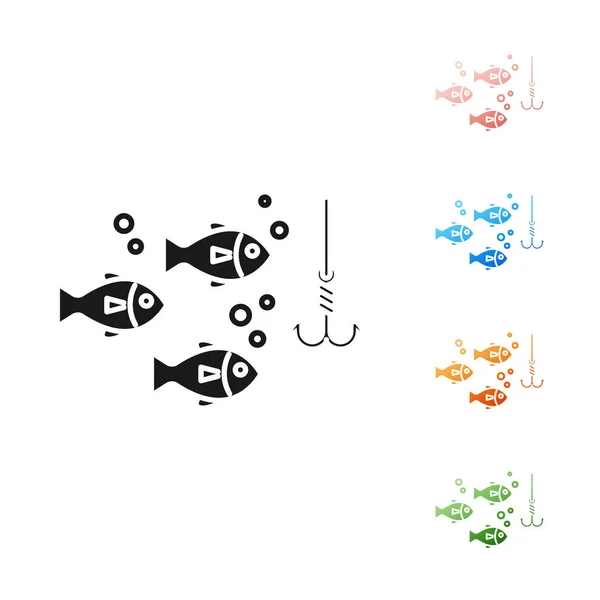 Gancho de pesca negro bajo el agua con icono de pescado aislado sobre fondo blanco. Aparejos de pesca. Establecer iconos de colores. Ilustración vectorial — Vector de stock