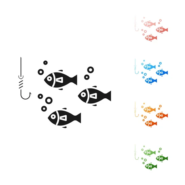 Черная рыбалка под водой с иконой рыбы, выделенной на белом фоне. Рыболовные снасти. Набор иконок красочный. Векторная миграция — стоковый вектор