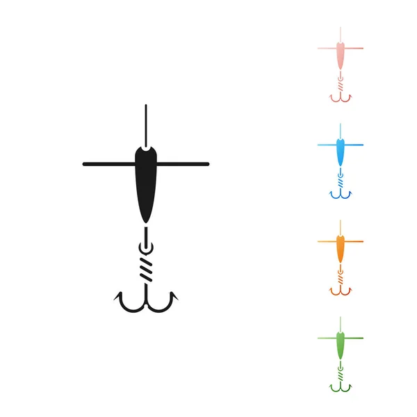Czarny hak wędkarski i ikona pływaka na białym tle. Wędkarski. Ustaw kolorowe ikony. Ilustracja wektorowa — Wektor stockowy
