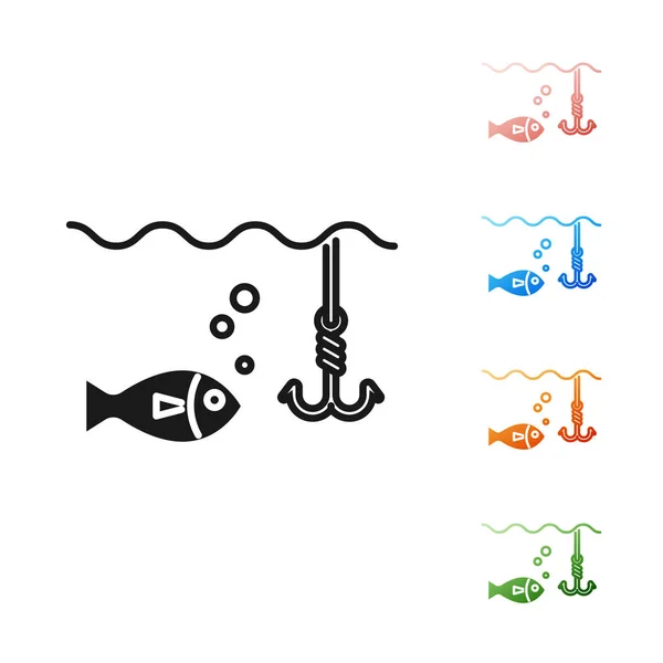Schwarzer Angelhaken unter Wasser mit Fischsymbol auf weißem Hintergrund. Angeln. setzen Symbole bunt. Vektorillustration — Stockvektor