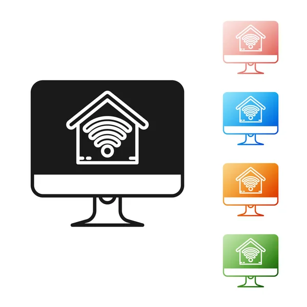 Monitor de computador preto com casa inteligente com ícone wi-fi isolado no fundo branco. Controlo remoto. Definir ícones coloridos. Ilustração vetorial —  Vetores de Stock
