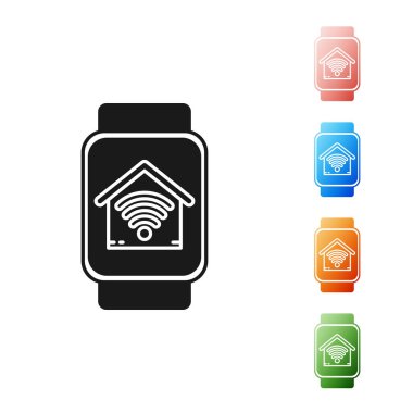Beyaz arka planda izole wi-fi simgesi ile akıllı ev ile Siyah Akıllı saat. Uzaktan kumanda. Simgeleri renkli ayarlayın. Vektör İllüstrasyonu