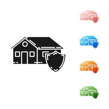Siyah Ev koruma simgesi altında beyaz arka plan üzerinde izole. Koruma, güvenlik, güvenlik, koruma, savunma konsepti. Simgeleri renkli ayarlayın. Vektör İllüstrasyonu