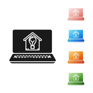 Akıllı ev ve ampul simgesi beyaz arka plan üzerinde izole ile Siyah Laptop. Simgeleri renkli ayarlayın. Vektör İllüstrasyonu