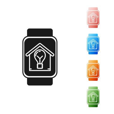 Akıllı ev ve beyaz arka planda izole ampul simgesi ile Siyah Akıllı saat. Simgeleri renkli ayarlayın. Vektör İllüstrasyonu