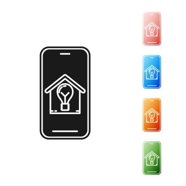 Akıllı ev ve ampul simgesi beyaz arka plan izole ile Siyah Cep telefonu. Simgeleri renkli ayarlayın. Vektör İllüstrasyonu