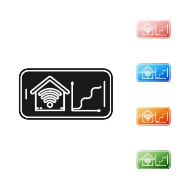 Beyaz arka plan üzerinde izole wi-fi simgesi ile akıllı ev ile Siyah Cep telefonu. Uzaktan kumanda. Simgeleri renkli ayarlayın. Vektör İllüstrasyonu