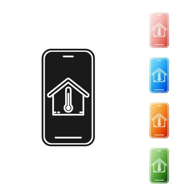 Beyaz arka plan üzerinde izole ev sıcaklığı simgesi ile Siyah Cep telefonu. Termometre simgesi. Simgeleri renkli ayarlayın. Vektör İllüstrasyonu