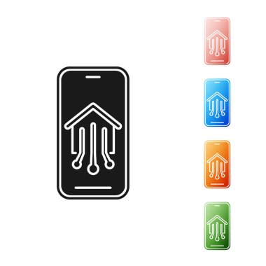 Beyaz arka planda izole akıllı ev simgesi ile Siyah Cep telefonu. Uzaktan kumanda. Simgeleri renkli ayarlayın. Vektör İllüstrasyonu