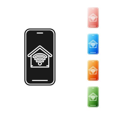 Beyaz arka plan üzerinde izole wi-fi simgesi ile akıllı ev ile Siyah Cep telefonu. Uzaktan kumanda. Simgeleri renkli ayarlayın. Vektör İllüstrasyonu