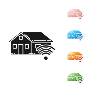 Beyaz arka planda izole wi-fi simgesi ile Siyah Akıllı ev. Uzaktan kumanda. Simgeleri renkli ayarlayın. Vektör İllüstrasyonu