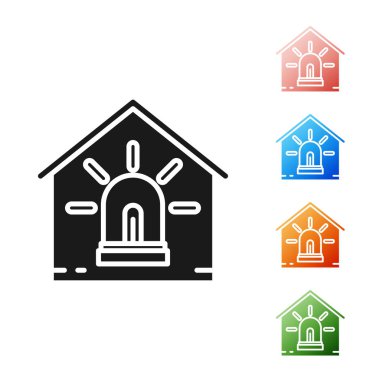 Siyah Akıllı ev ve alarm simgesi beyaz arka plan üzerinde izole. Akıllı evin güvenlik sistemi. Simgeleri renkli ayarlayın. Vektör İllüstrasyonu