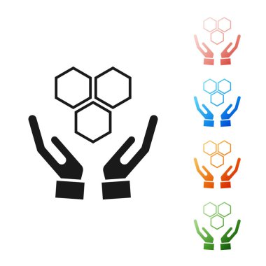 Siyah Petek ve eller simgesi beyaz arka plan üzerinde izole. Bal hücreleri sembolü. Tatlı doğal yemekler. Simgeleri renkli ayarlayın. Vektör İllüstrasyonu