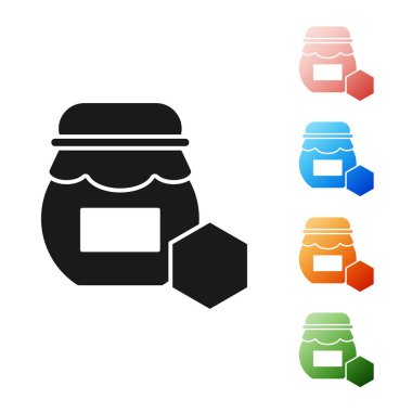 Beyaz arka planda izole bal simgesi siyah Kavanoz. Yemek bankası. Tatlı doğal gıda sembolü. Simgeleri renkli ayarlayın. Vektör İllüstrasyonu