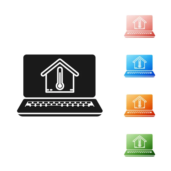 Laptop preto com ícone de temperatura da casa isolado no fundo branco. Ícone do termómetro. Definir ícones coloridos. Ilustração vetorial —  Vetores de Stock