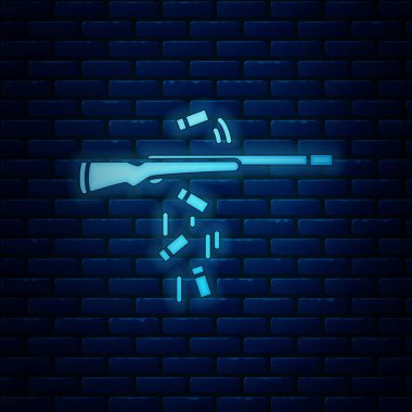 Parlayan neon Gun çekim simgesi tuğla duvar arka plan izole. Vektör İllüstrasyonu