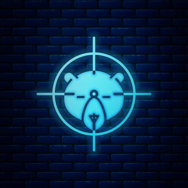 Tuğla duvar arka planda izole artı işareti simgesi ile ayı üzerinde Parlayan neon Hunt. Ayı ve hedef ile Avcılık kulübü logosu. Tüfek merceği bir ayıyı hedef almış. Vektör İllüstrasyonu