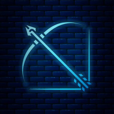Titreşim simgesinde parlayan neon yay ve ok tuğla duvar arka planında izole edilmiş. Vektör İllüstrasyonu