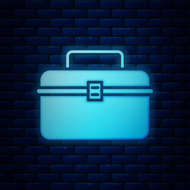 Parlayan neon Case veya tuğla duvar arka planda izole titrek ve dişli balıkçılık ekipmanları simgesi için kutu konteyner. Olta takımı. Vektör İllüstrasyonu