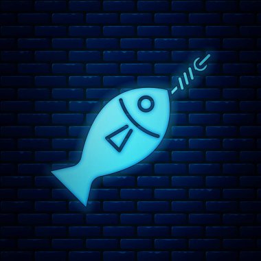 Tuğla duvar arka planda izole kanca simgesi üzerinde Parlayan neon Balık. Vektör İllüstrasyonu