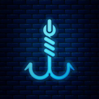 Parlayan neon balıkçılığı kancası, tuğla duvar arkasında izole edilmiş. Balık oltası. Vektör İllüstrasyonu