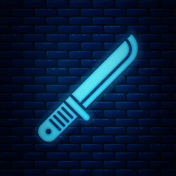 Leuchtende neonfarbene Jägermesser-Ikone isoliert auf Backsteinwand-Hintergrund. Taschenmesser. Vektorillustration — Stockvektor