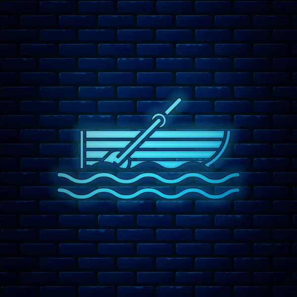 Gloeiende neon vissersboot met roeiriemen op water pictogram geïsoleerd op bakstenen muur achtergrond. Vector illustratie — Stockvector