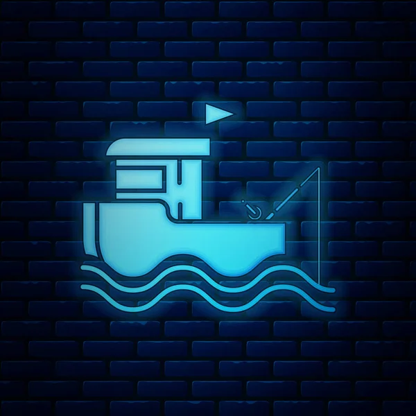 Gloeiende neon vissersboot met hengel op water icoon geïsoleerd op bakstenen muur achtergrond. Vector illustratie — Stockvector