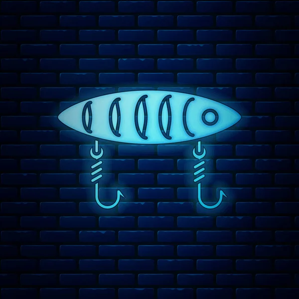 Glowing neon Fishing lure icon isolated on brick wall background. Fishing tackle. Vector Illustration — Stock Vector