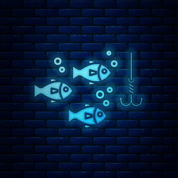 Gloeiende neon visserij haak onder water met vis pictogram geïsoleerd op bakstenen muur achtergrond. Visgerei. Vector illustratie — Stockvector