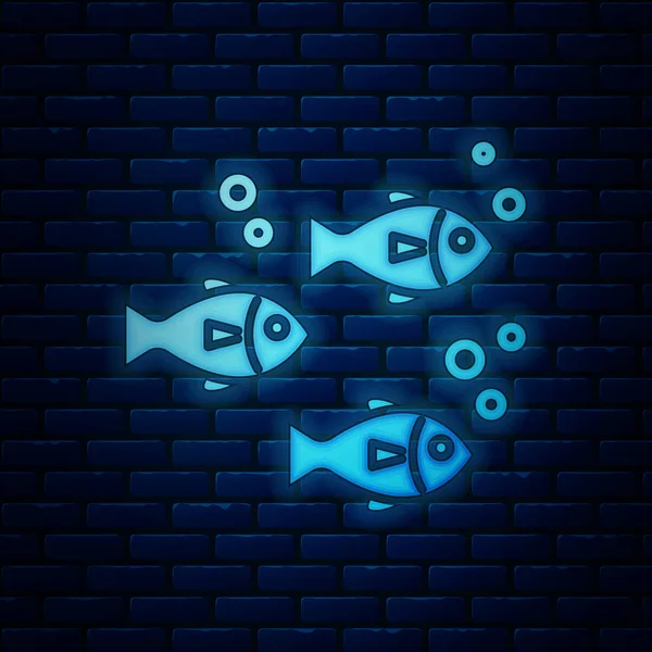 Ícone de peixe neon brilhante isolado no fundo da parede de tijolo. Ilustração vetorial — Vetor de Stock