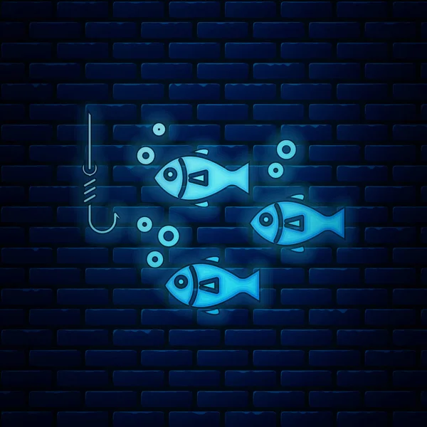 Gancio da pesca al neon incandescente sott'acqua con icona di pesce isolato su sfondo muro di mattoni. Attrezzatura da pesca. Illustrazione vettoriale — Vettoriale Stock