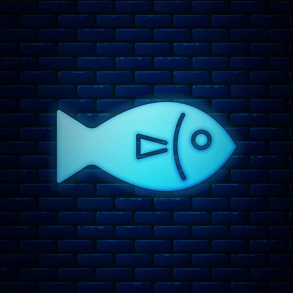 Ícone de peixe neon brilhante isolado no fundo da parede de tijolo. Ilustração vetorial — Vetor de Stock
