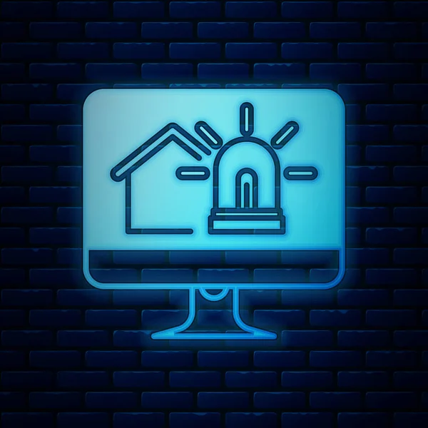 Leuchtender neonfarbener Computermonitor mit Smart House und Alarmsymbol isoliert auf Ziegelwand-Hintergrund. Sicherheitssystem des Smart Home. Vektorillustration — Stockvektor